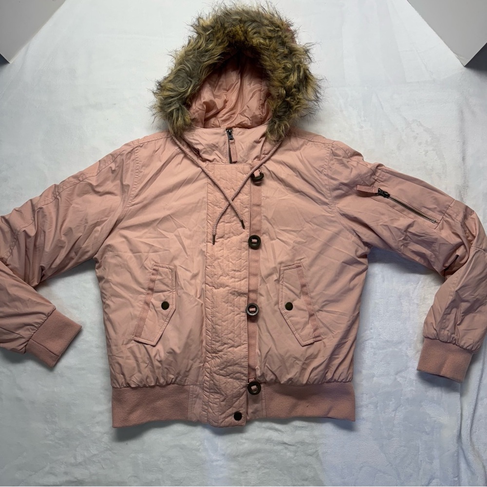 Sam Edelman‎ Pink Hooded Bomber Jacket with Faux Fur Trim NEW Large